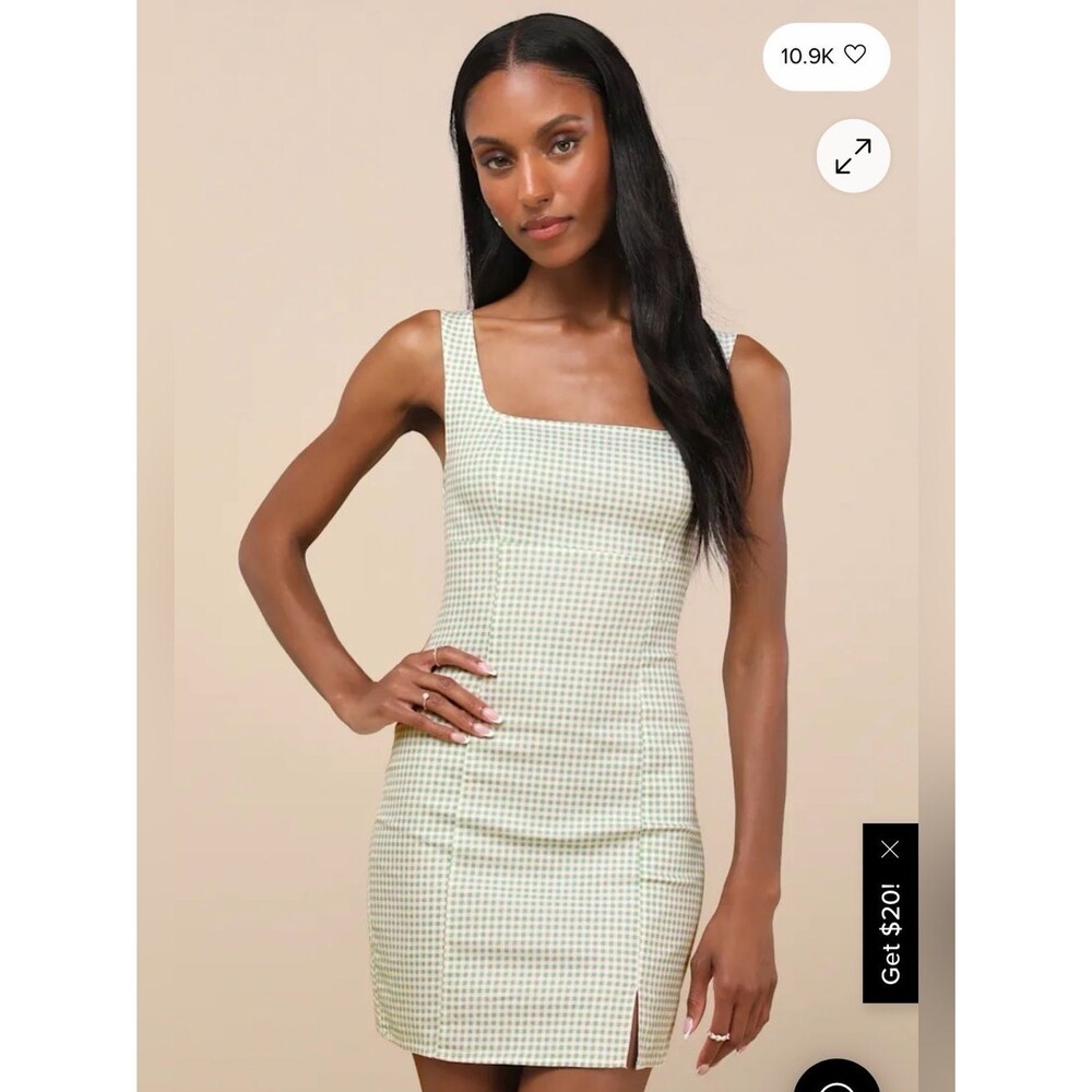 Lulu's Happy Chance Sage Green Gingham Square Neck Mini Dress size XS